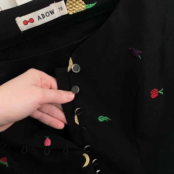 Abow Black Dress with Fruit Embroidery 🍉 🍎 🍌 Size 10 - Picture 14 of 16